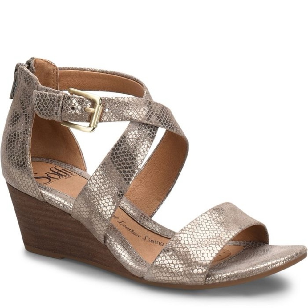 Sofft Mauldin Sandals size 6.5 Metallic Snakeskin Embossed Wedge Heel Zip